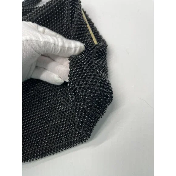 Vintage 1960s Lumured Black Corde Beaded Handbag purse Kiss lock Petit cool - Picture 10 of 16